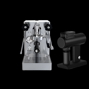 Espresso machine and manual grinder on a white background