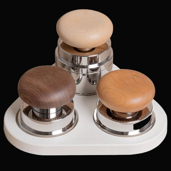 Timemore PUCKS espresso accessories set with wooden grips: WDT tool, gravity distributor and calibrated tamper